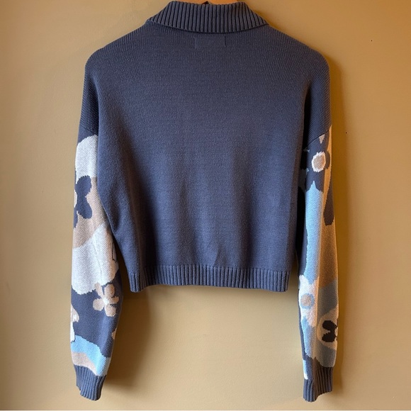 Hollister Cropped Mushroom Floral Sweater Size Small Blue Tan Retro Boho Hippie - Picture 6 of 15